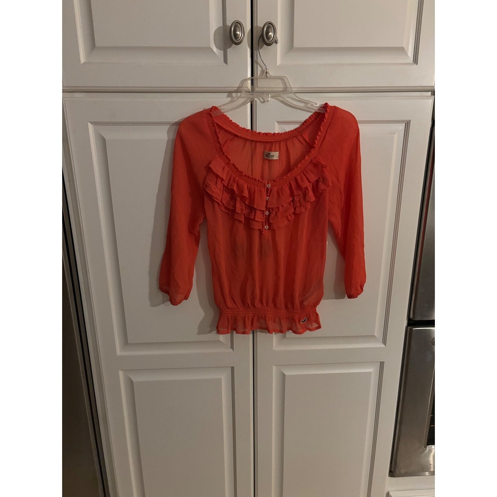 Hollister Orange Ruffle Peasant Blouse Smocked Floral Embroidered Top Small